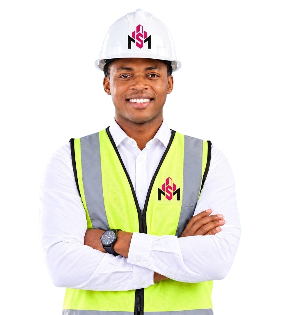 MStrata Construction Lead Engineer on site with hardhat and architectural plans